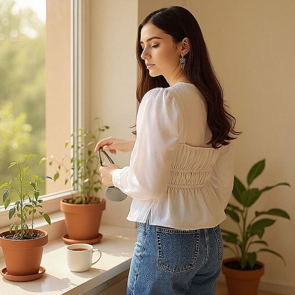 White Cinched-waist top in herringbone cotton - Picture 4 of 4